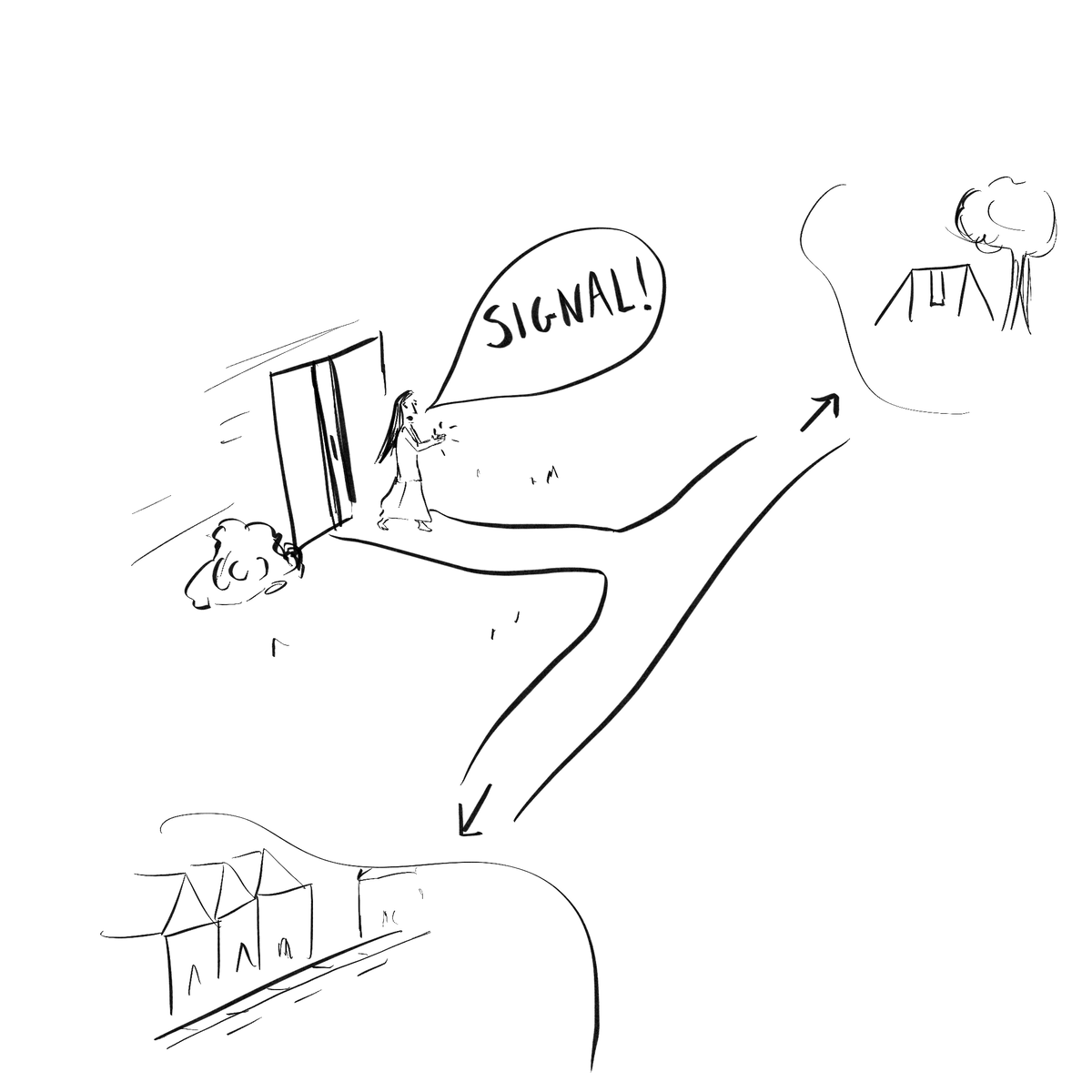 A girl standing at the door yelling Signal from the outside with a path that splits toward a park or toward a street.