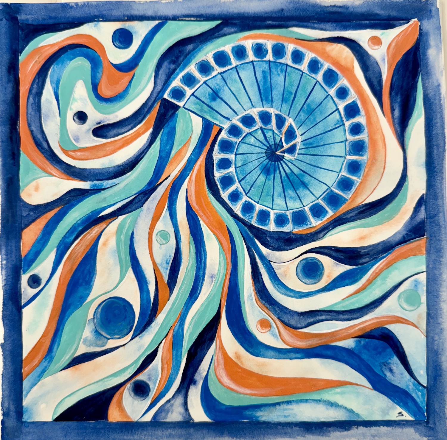 Gouache painting of the spiral of archimedes with a border on the edge that is 1 unit deep. The spiral is blue with water color texture and stairway feels on the border. From the spiral pours white, cyan, Prussian blue and teal in tentacle like waves. The white area are washed with color bleeds and some have bubbles of color. There is a blue border. The spiral is in the upper right with flow moving down to the left and all around.